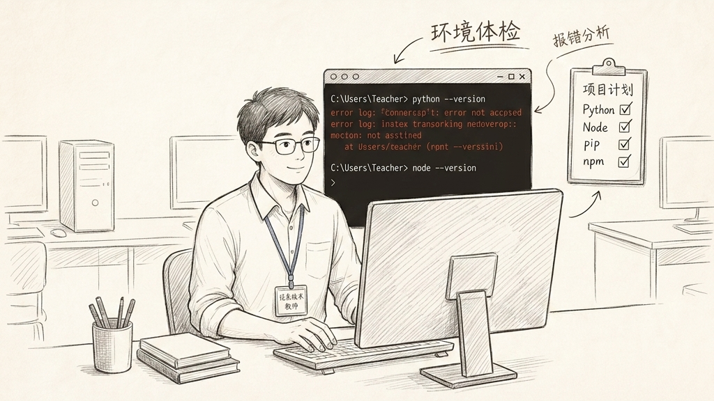 信息科技老师在机房做环境体检,检查 Python、Node.js、pip、npm 和报错日志