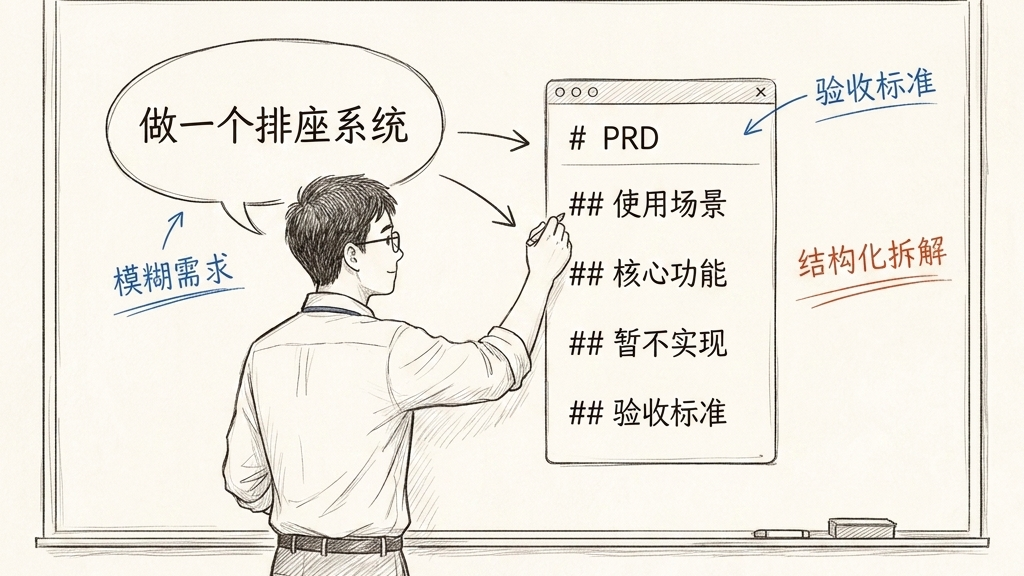 信息科技老师在白板前把一句模糊需求拆解为包含核心功能和验收标准的 Markdown 需求文档