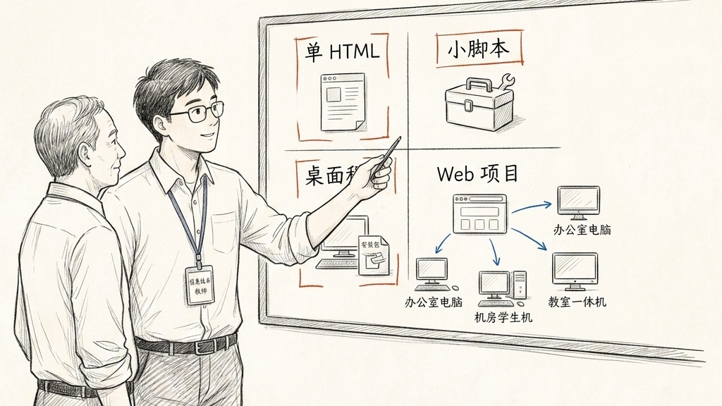 信息科技老师在校园场景中比较单 HTML、小脚本、桌面程序和 Web 项目的适用边界