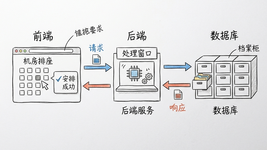 前端页面通过 HTTP 请求把座位表数据交给后端，后端保存到数据库后再返回结果