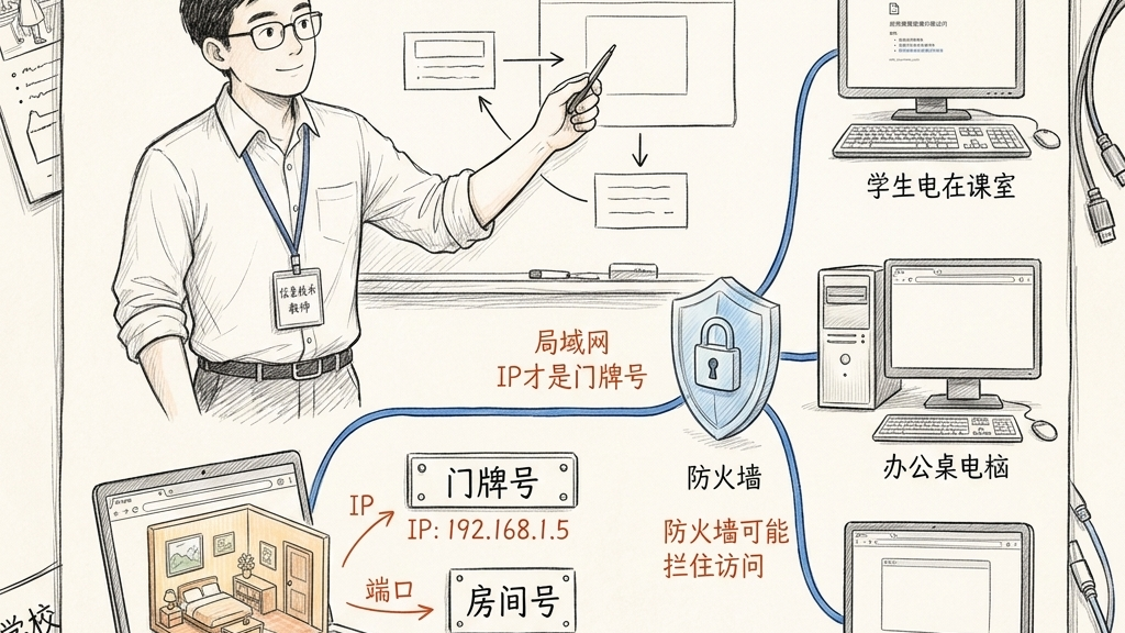 信息科技老师用内网门牌号解释 localhost、局域网 IP、端口和防火墙的关系