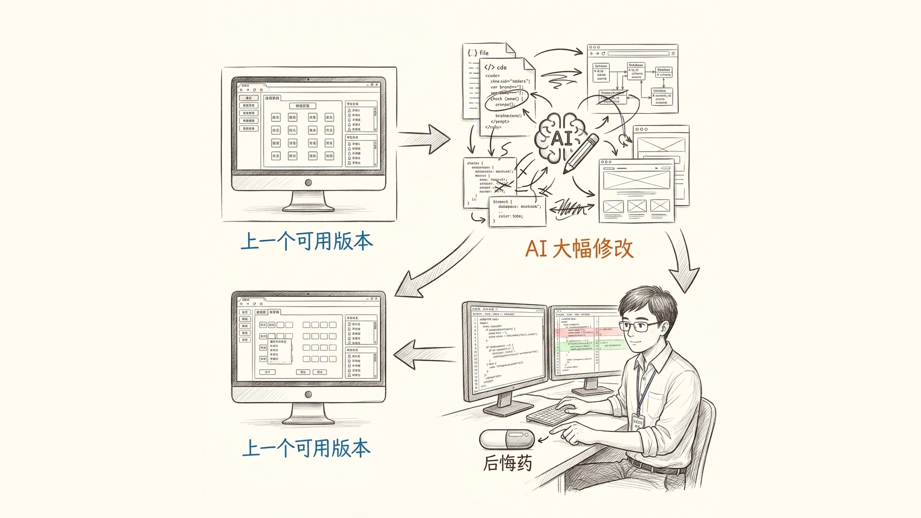 Git 提交点像 AI 修改代码前的后悔药,帮助老师从改坏的项目回到上一个可用版本