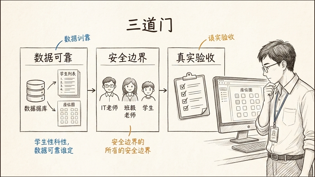校园 Web 项目上线前的三道门：数据可靠、安全边界清楚、验收场景真实