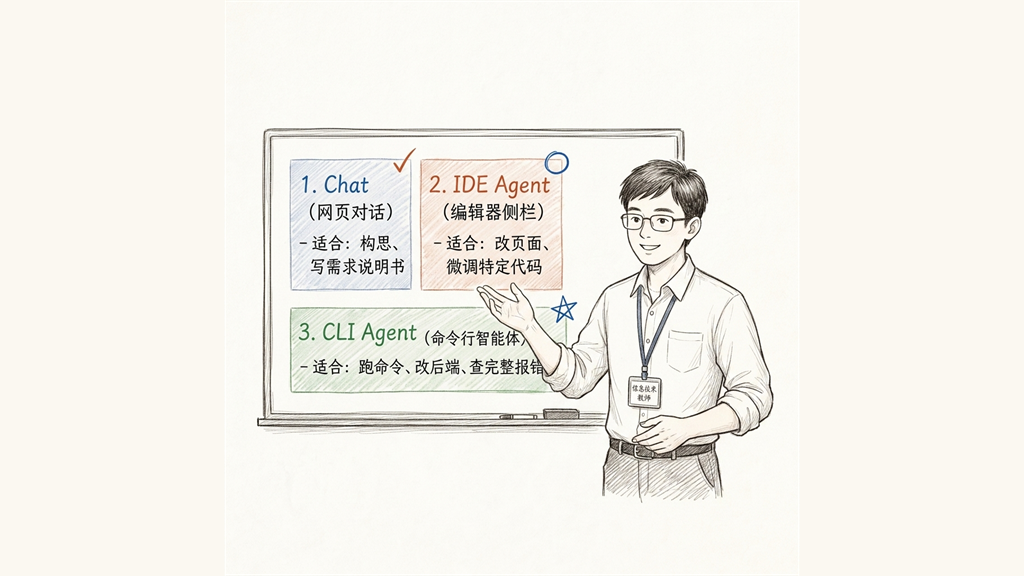 手绘插图：分类结构图，展示 Chat 对话框、IDE 侧边栏与命令行 CLI Agent 的具体应用场景