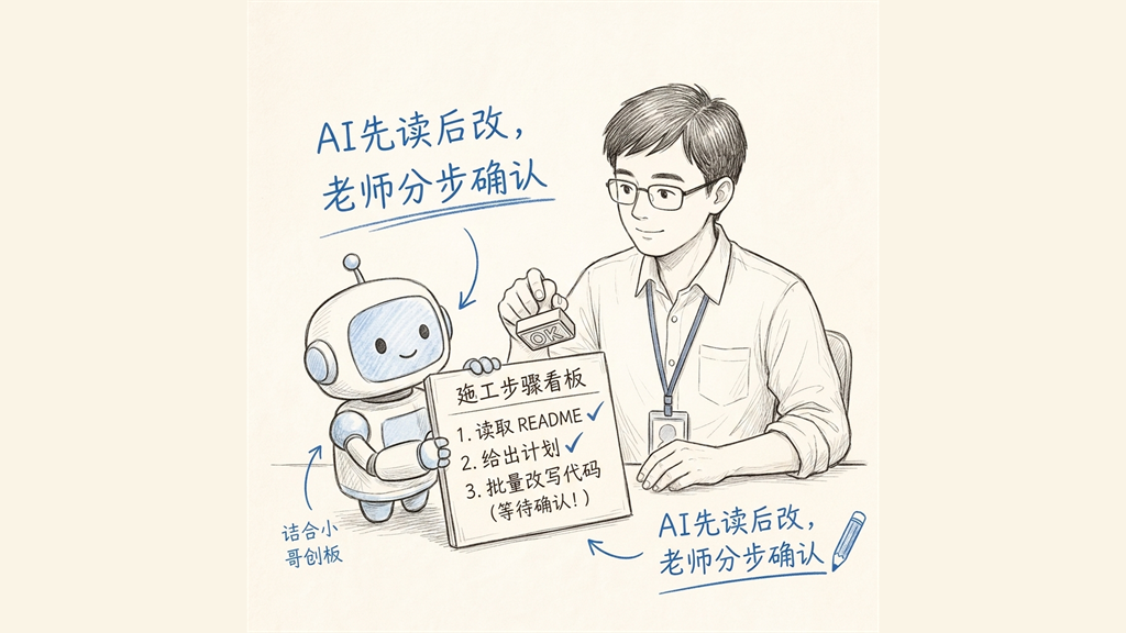 手绘插图：展示人机协作中“先读后改、分步确认”的安全编程流程