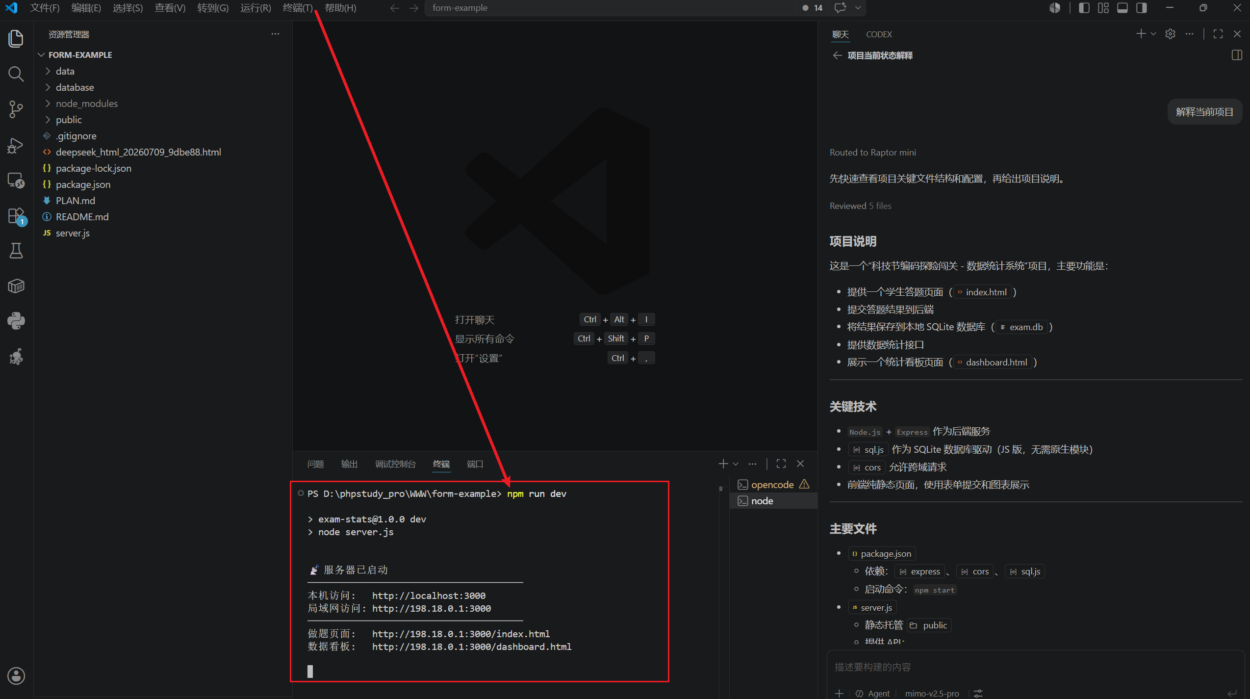 截图：在 IDE 内置终端或 Windows Terminal 中运行 npm install、npm run dev 等项目命令