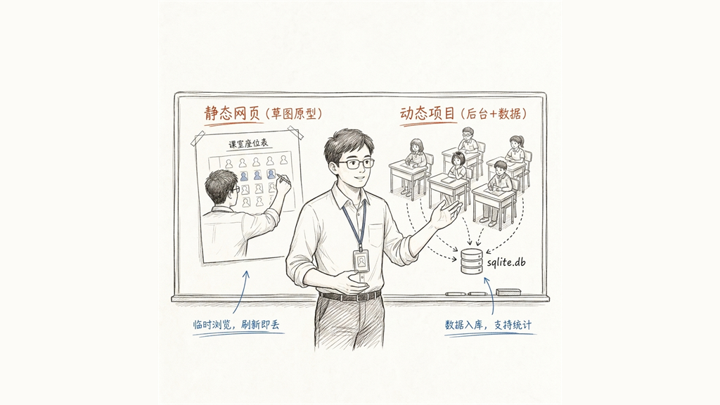 手绘插图：用画座位表草图与真实排座的比喻，展示静态页面与动态系统的区别