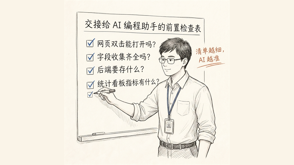 手绘插图：展示从静态页面原型过渡到 PRD 文档和 Coding Agent 交接的过程