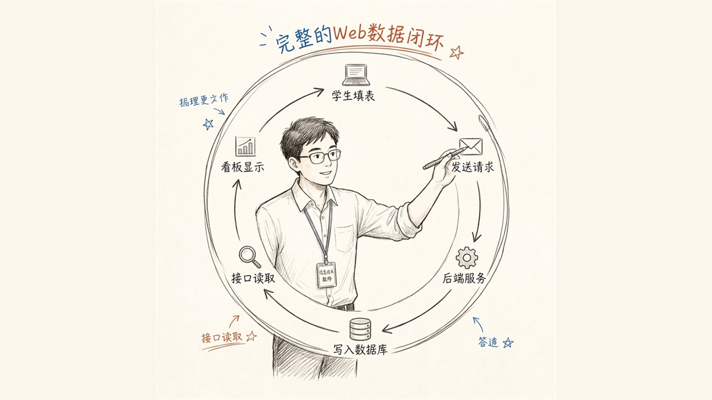 手绘插图:展示数据从学生端提交、后端接收保存、到教师端看板显示的闭环流向