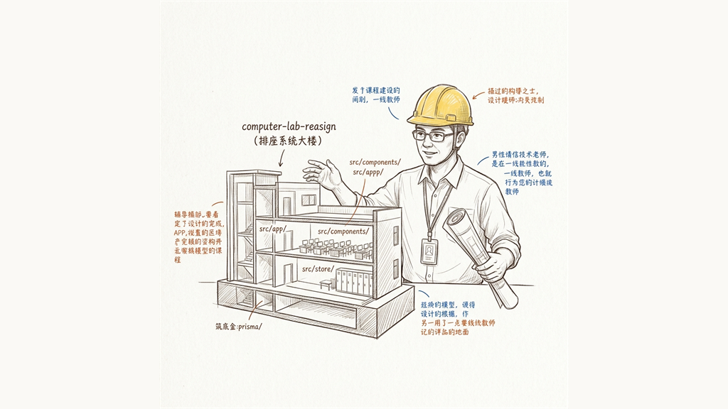 手绘插图:用大楼图纸与剖面结构的比喻,展示现成项目需要先看结构再进行局部改造