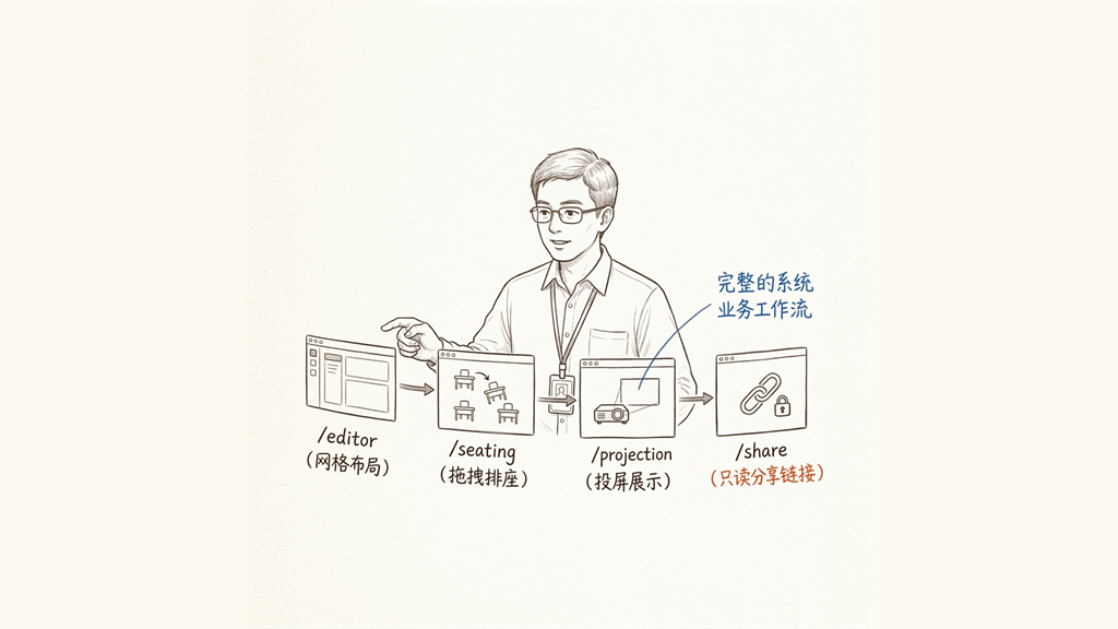 手绘插图:展示机房排座系统从布局编辑、名单导入到排座投屏的教师工作流程