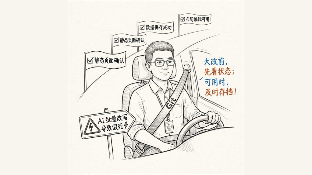 手绘插图:用驾驶员安全带和里程碑快照旗帜的比喻,展示 Git 保存点的好处