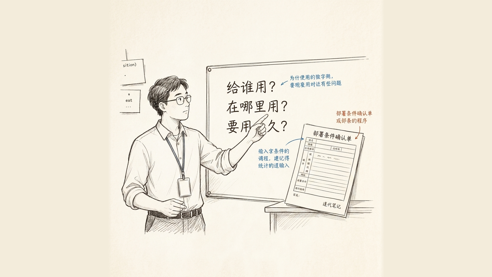 手绘说明图：先回答给谁用、在哪里用和要用多久，再选择部署主机并形成部署条件确认单