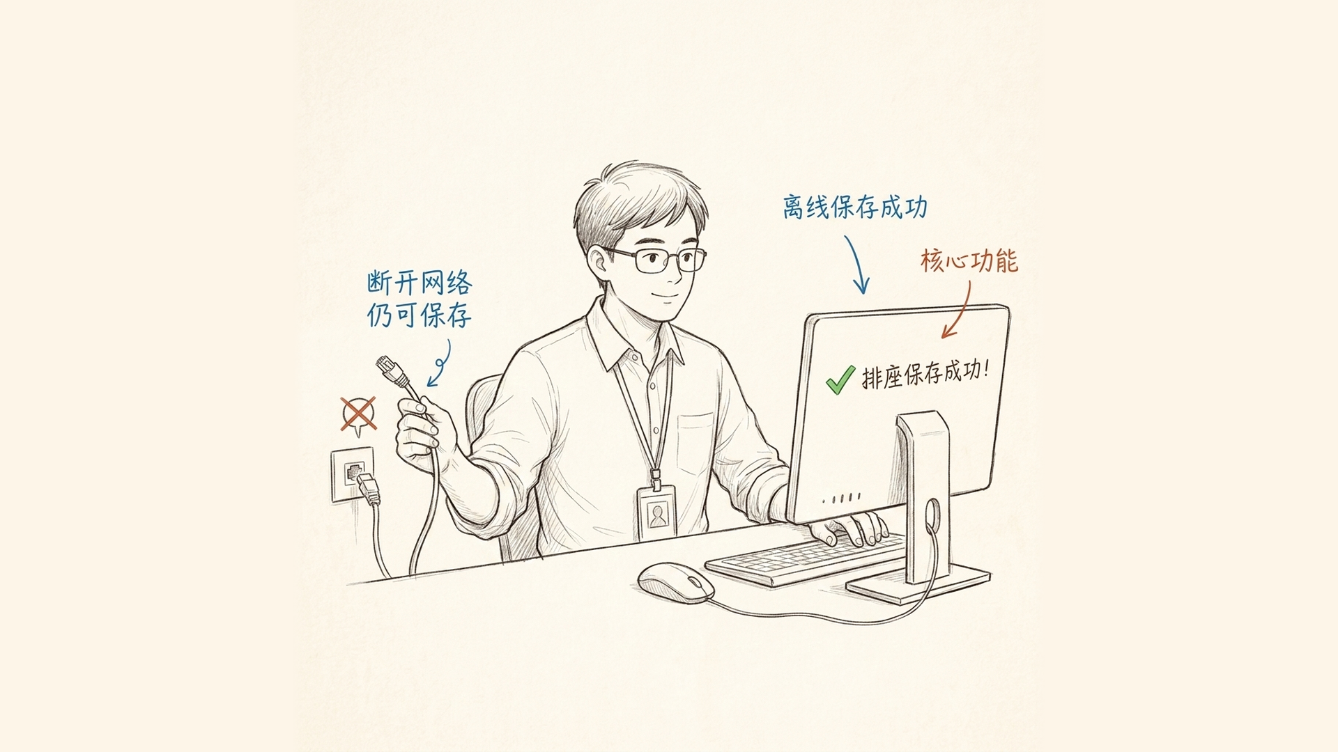 手绘说明图：区分联网安装构建和断网使用验收，提醒 ready 不等于业务通过