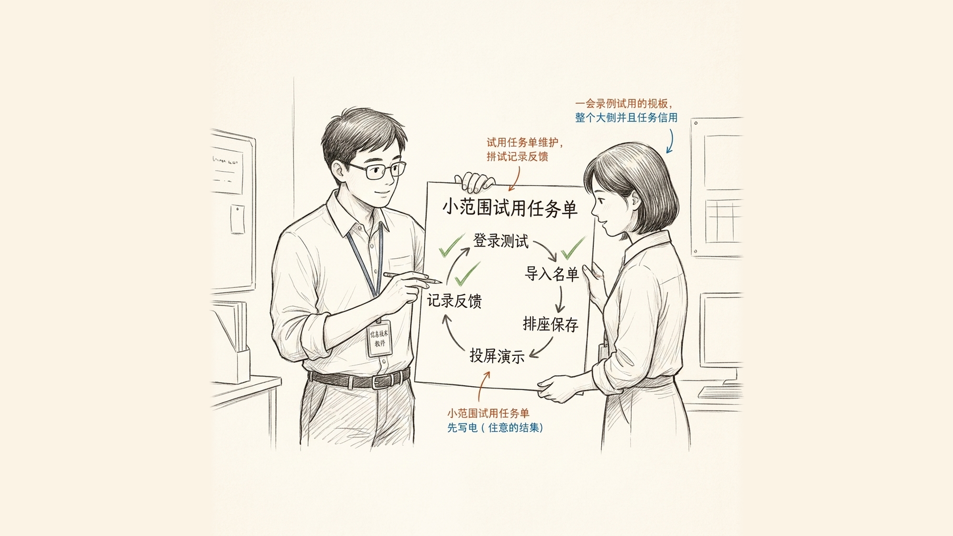 手绘说明图:小范围试用任务单,用模拟数据完成登录、布局、导入名单、排座、刷新投屏和反馈记录
