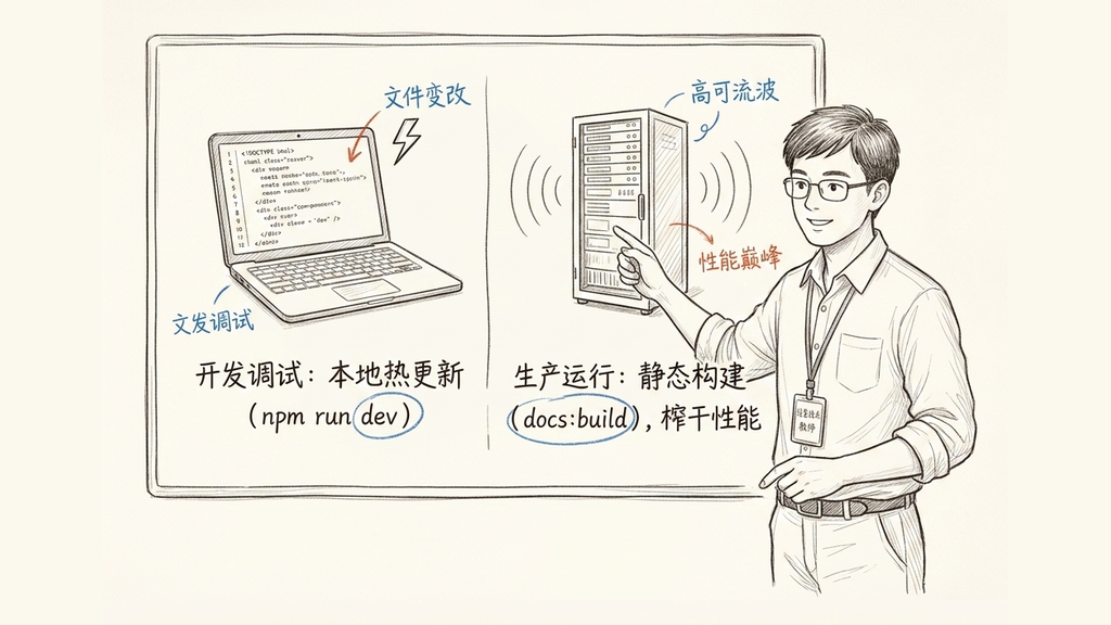 开发环境(npm run dev)与生产环境(静态构建)的特性与性能对比示意图