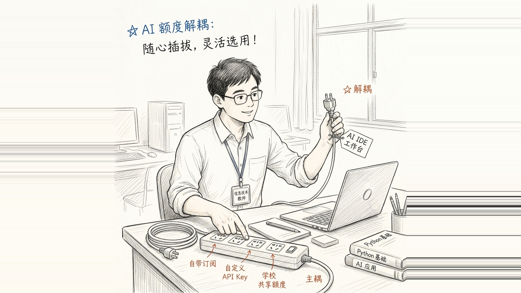 手绘图:信息科技老师展示将 AI 工作台(编辑器/IDE)的插头接入不同的 Token 额度来源(API Key/学校额度/自带订阅),解释工作台与额度的解耦概念。